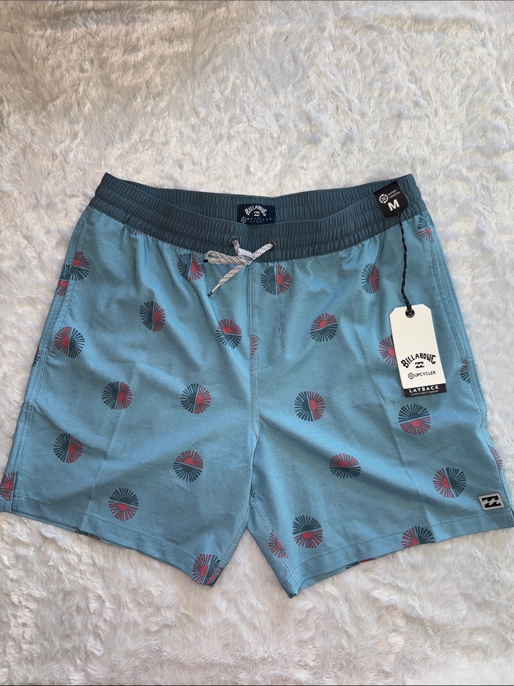 Billabong Men's Teal Swim Trunks with Red & Navy Sunburst Print